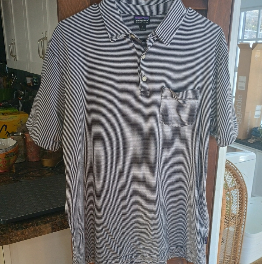 Patagonia Black & White Horizontal Stripes Polo Shirt Size Large